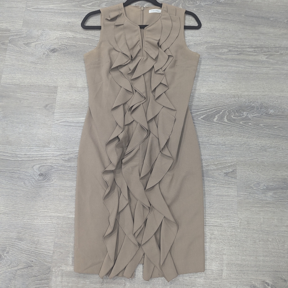 Calvin Klein Ruffle Front Sheath Dress – Size 4 – Camel/Tan